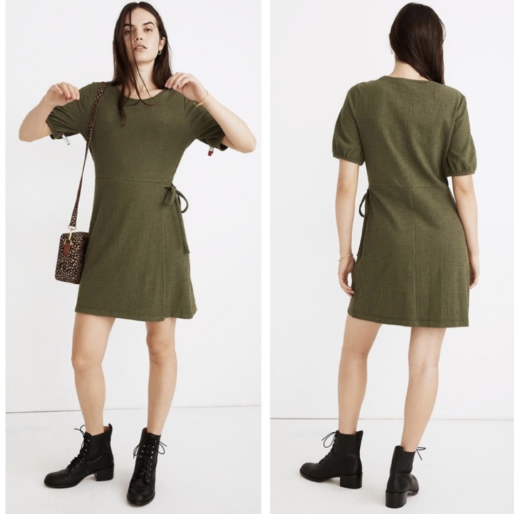 MADEWELL Crosshatch Puff Sleeves Wrap-Effect Dress